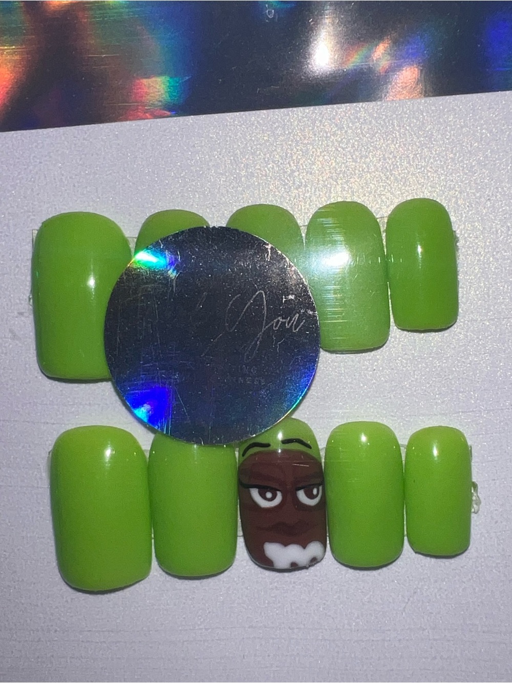 Neon Green with Brown M&M Press-On Nail Set with Accent Design nails by Qui